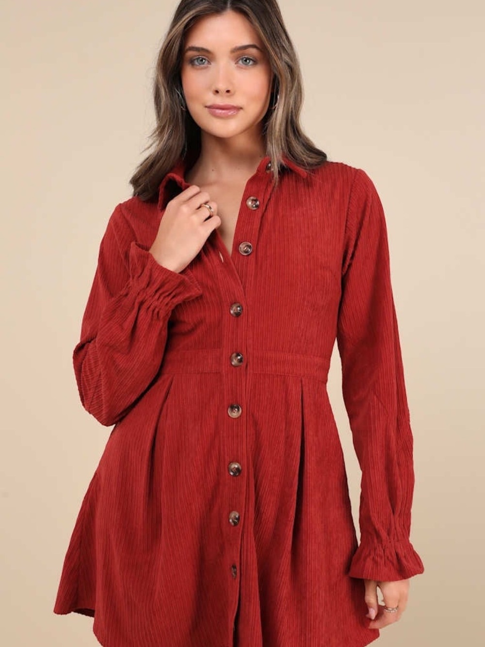 Lulu’s Rust Red Corduroy Button-Front Mini Dress